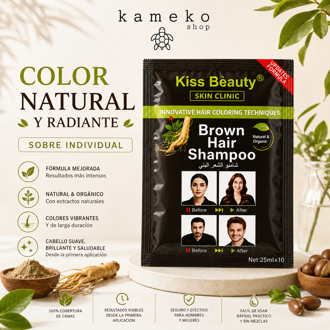 Champú Tinte Colorante Marrón o Negro 3 en 1 para Cabello – Cubre Canas en 10-15 Minutos – Color Natural, Brillo y Cuidado Capilar Sin Amoniaco