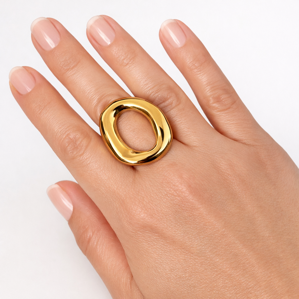 Anillo Ovalado Dorado Ajustable con Diseño Radiante para Mujer Elegante y Moderno