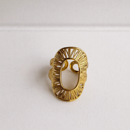 Anillo Ovalado Dorado Ajustable con Diseño Radiante para Mujer Elegante y Moderno