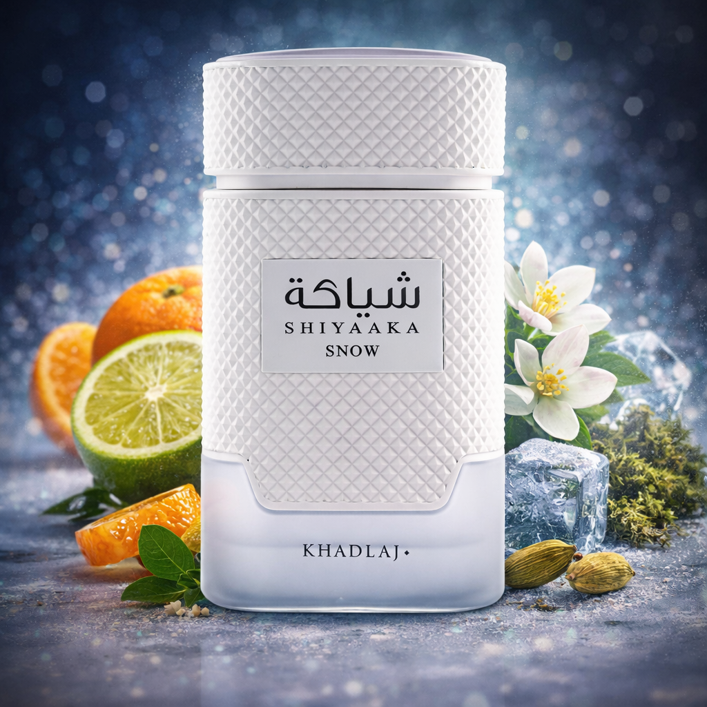 Perfume Árabe Shiyaaka Snow Khadlaj Perfumes – Eau De Parfum 100 ml – Fragancia Cítrica Aromática con Bergamota, Neroli, Cardamomo y Vetiver – Hombre / Unisex