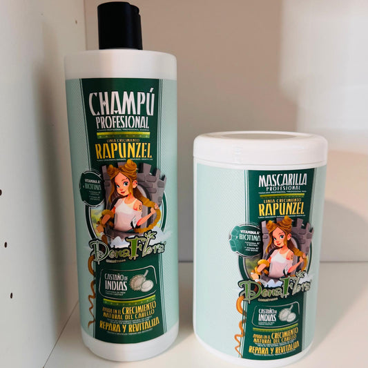 Pack Profesional Dona Flora Rapunzel – Champú + Mascarilla Crecimiento Intensivo – Biotina, Vitaminas y Extracto de Castaño de Indias – Hidratación, Fuerza y Densidad Capilar
