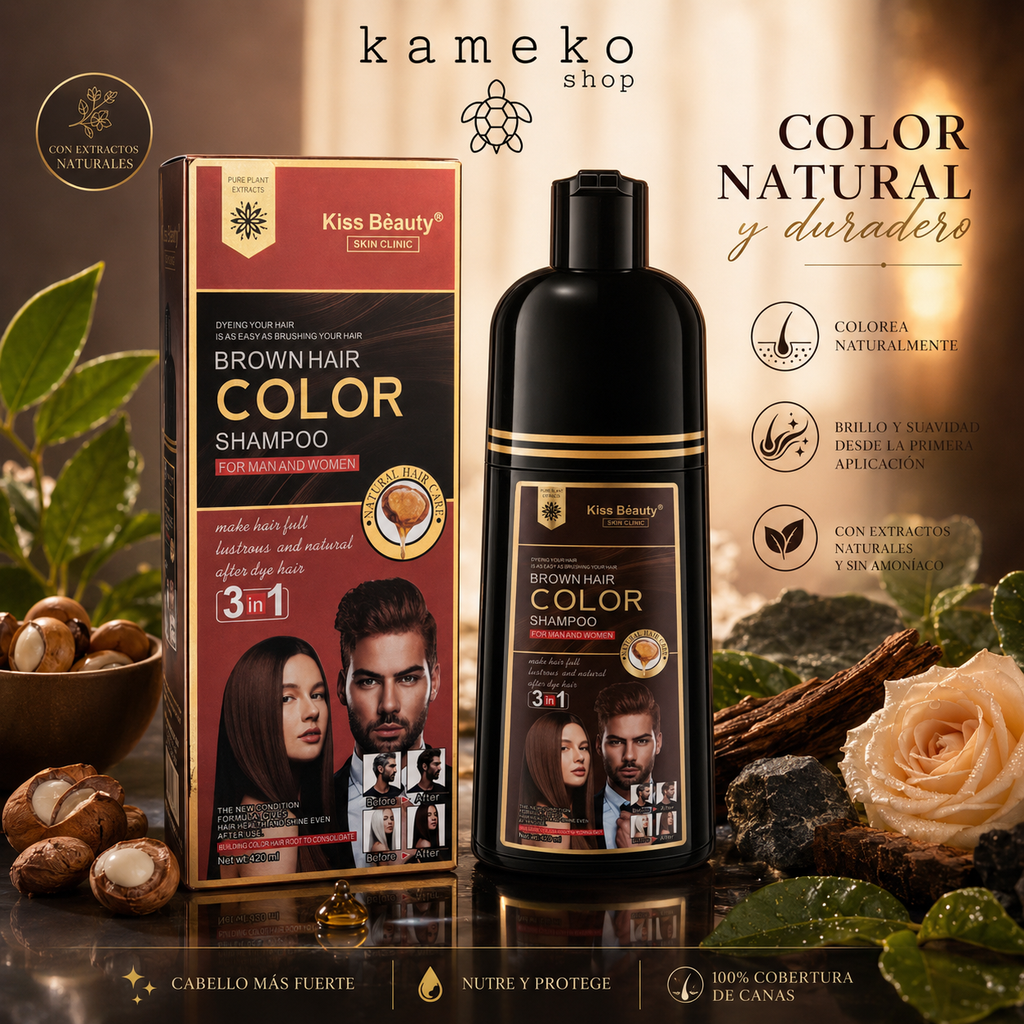 Champú Tinte Colorante Marrón o Negro 3 en 1 para Cabello – Cubre Canas en 10-15 Minutos – Color Natural, Brillo y Cuidado Capilar Sin Amoniaco