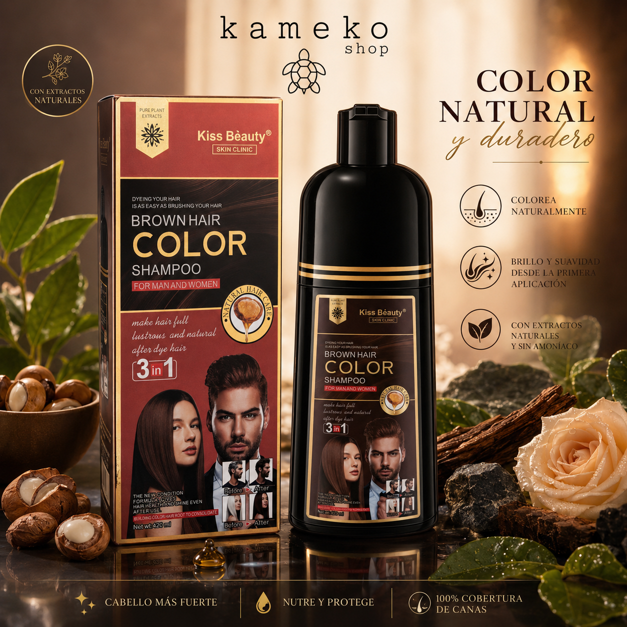 Champú Tinte Colorante Marrón o Negro 3 en 1 para Cabello – Cubre Canas en 10-15 Minutos – Color Natural, Brillo y Cuidado Capilar Sin Amoniaco