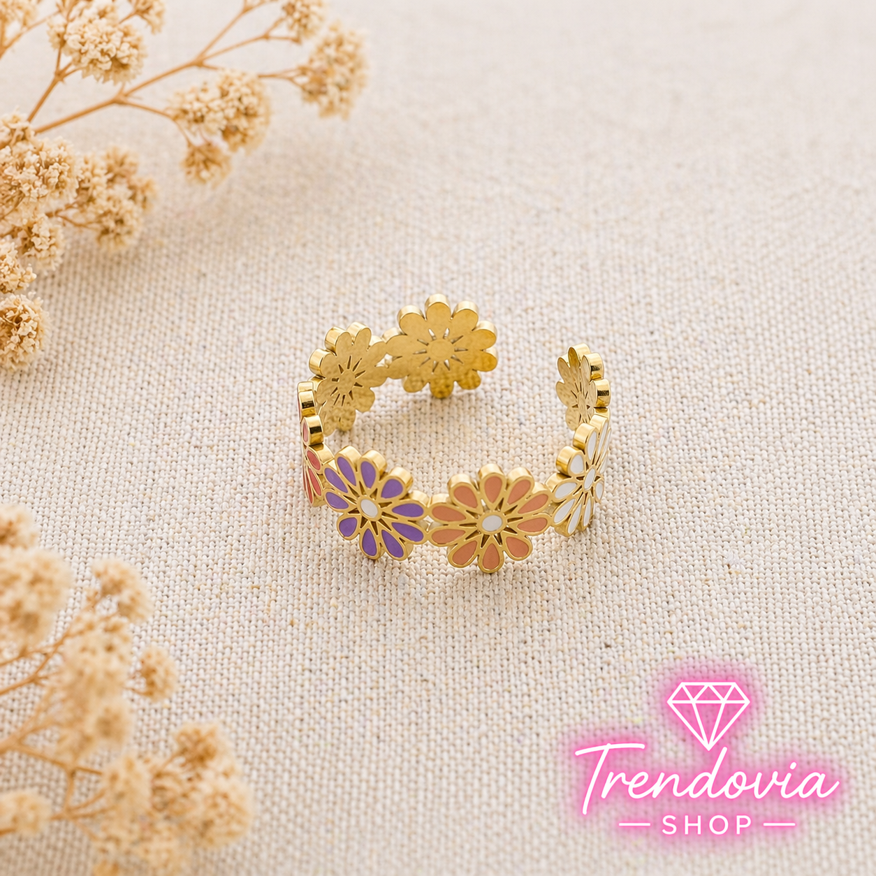 🌸💍 Anillo de Acero con Flores de Esmalte