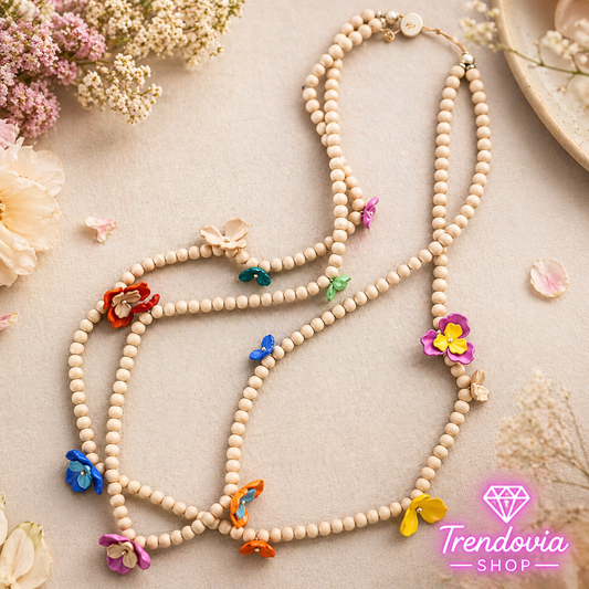 🌸✨ Collar Largo Doble con Cuentas y Flor de Resina