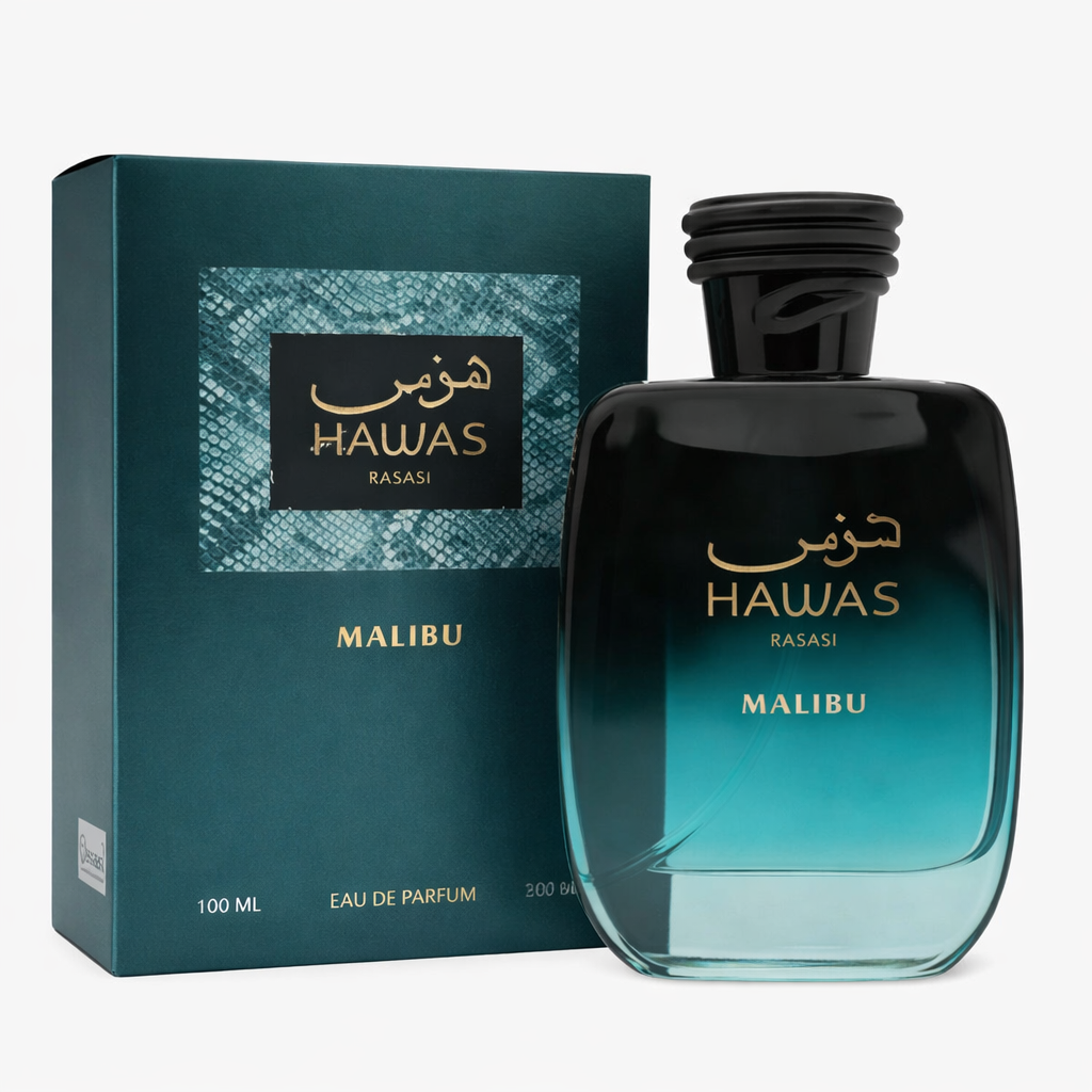 Perfume Árabe Hawas Malibu Rasasi 100 ml – Fragancia Aromática Cítrica con Piña, Ámbar y Almizcle – Unisex