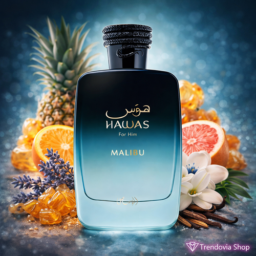 Perfume Árabe Hawas Malibu Rasasi 100 ml – Fragancia Aromática Cítrica con Piña, Ámbar y Almizcle – Unisex
