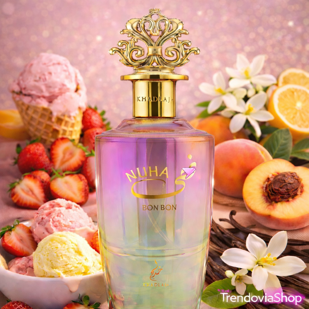 Perfume Árabe Nuha Bon Bon Khadlaj – Eau de Parfum Dulce Cremoso con Leche, Fresa, Helado y Vainilla – Fragancia Gourmand Femenina – 85 ml