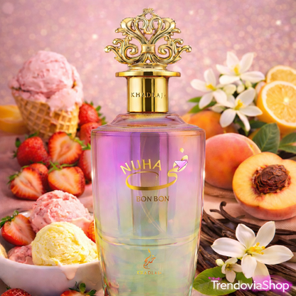 Perfume Árabe Nuha Bon Bon Khadlaj – Eau de Parfum Dulce Cremoso con Leche, Fresa, Helado y Vainilla – Fragancia Gourmand Femenina – 85 ml