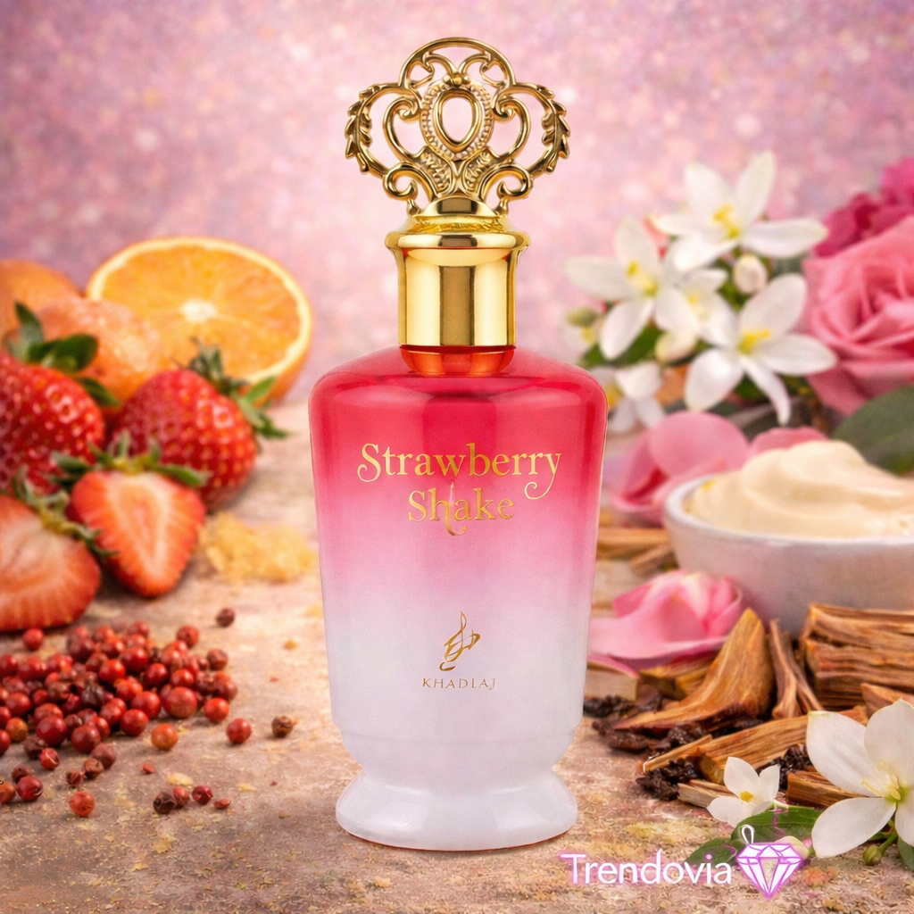 Perfume árabe Khadlaj Strawberry Shake Eau de Parfum 100 ml para Mujer – Fragancia Floral Afrutada con Fresa, Leche, Vainilla y Sándalo