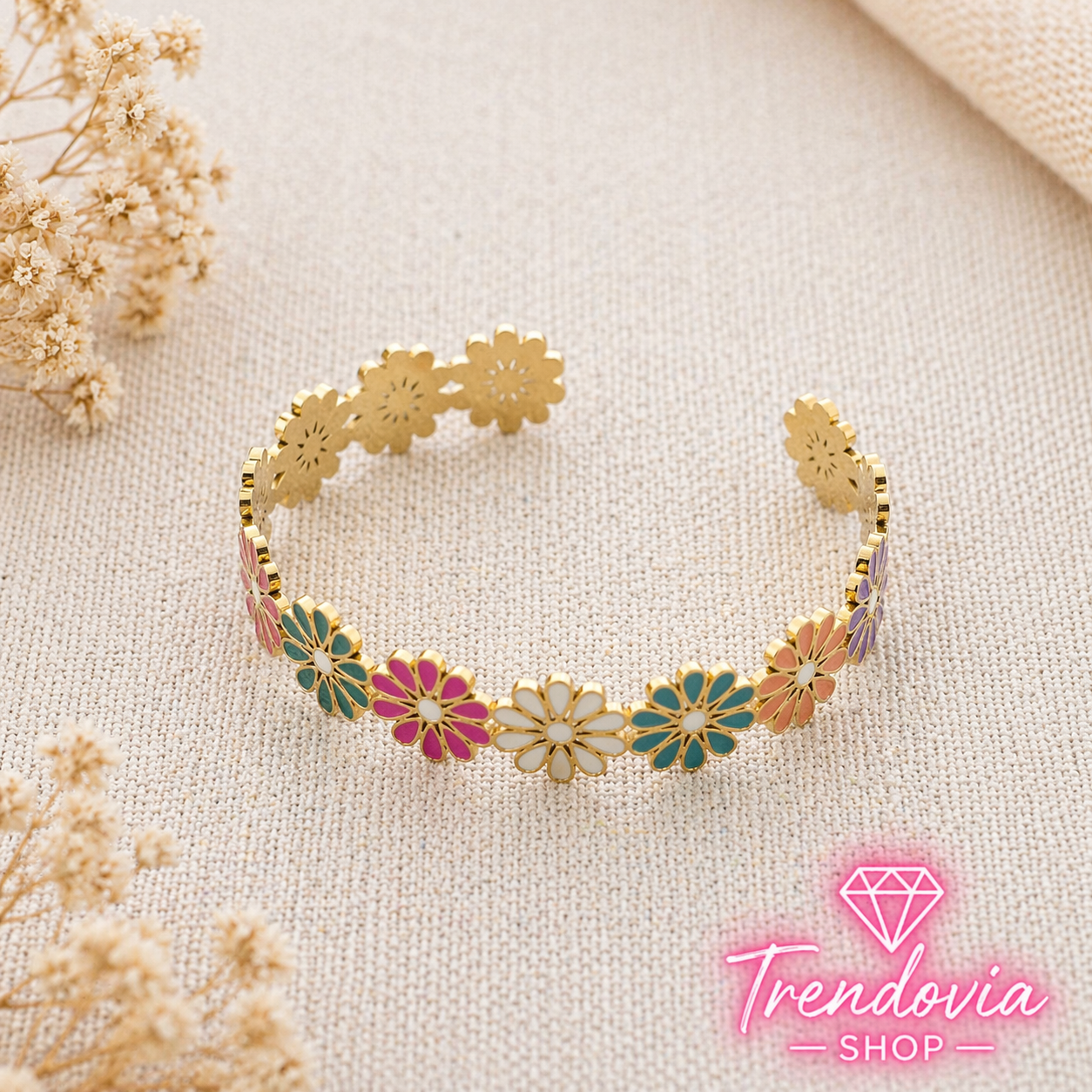 🌸✨ Pulsera de Acero Ajustable con Flores de Esmalte