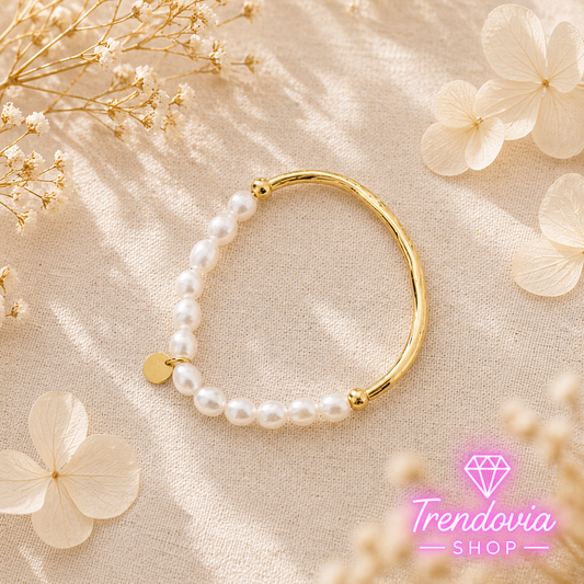 🤍✨ Pulsera Elástica de Acero con Cuentas Imitación Perla
