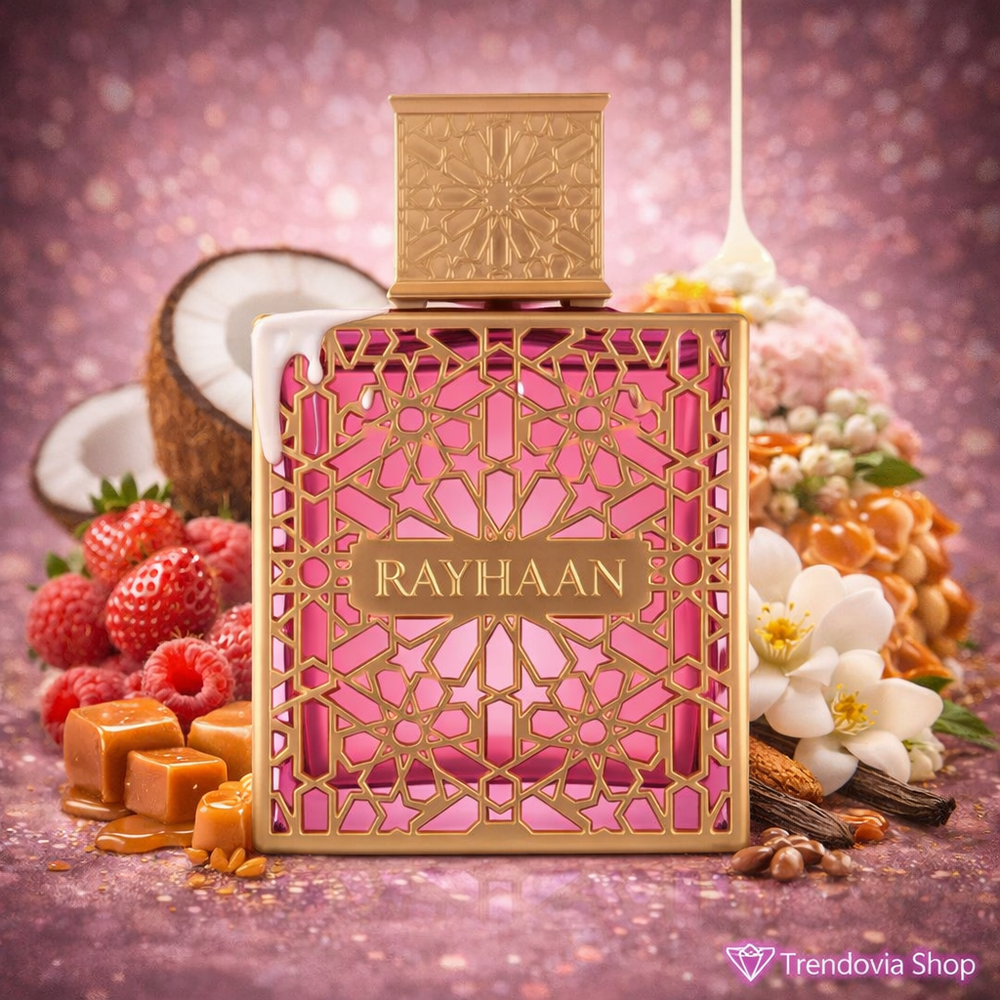 Perfume Árabe Kiss Rayhaan 100 ml – Fragancia Dulce Floral Frutal Gourmand con Fresa, Coco, Caramelo y Vainilla para Mujer