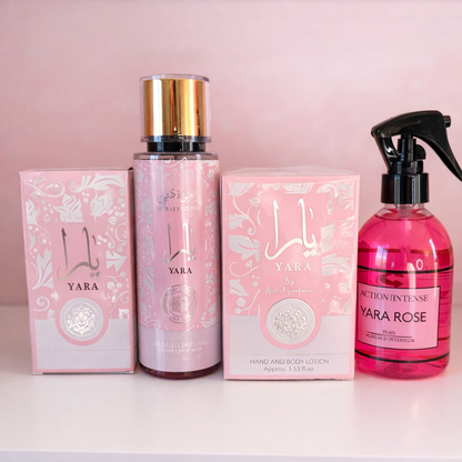 Set Regalo Yara Rosa – Perfume 50 ml, Bruma Perfumada 250 ml, Crema Corporal y de Manos y Ambientador Hogar y Textil – Edición Especial San Valentín