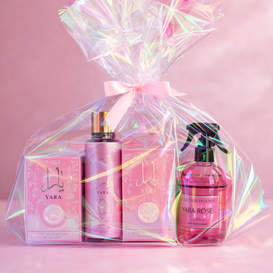 Set Regalo Yara Rosa – Perfume 50 ml, Bruma Perfumada 250 ml, Crema Corporal y de Manos y Ambientador Hogar y Textil – Edición Especial San Valentín
